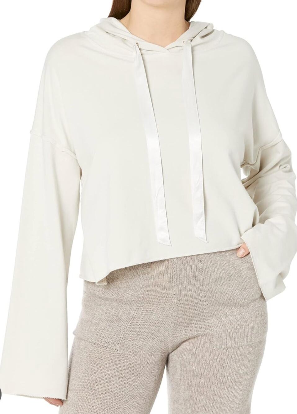 PJ Harlow Bianca Hoodie Egg Nog Satin Ties Buttery Soft Crop Sweatshirt SMALL